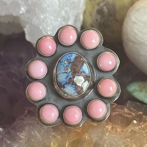 Golden hills turquoise pink conch statement sterling silver Navajo ring
